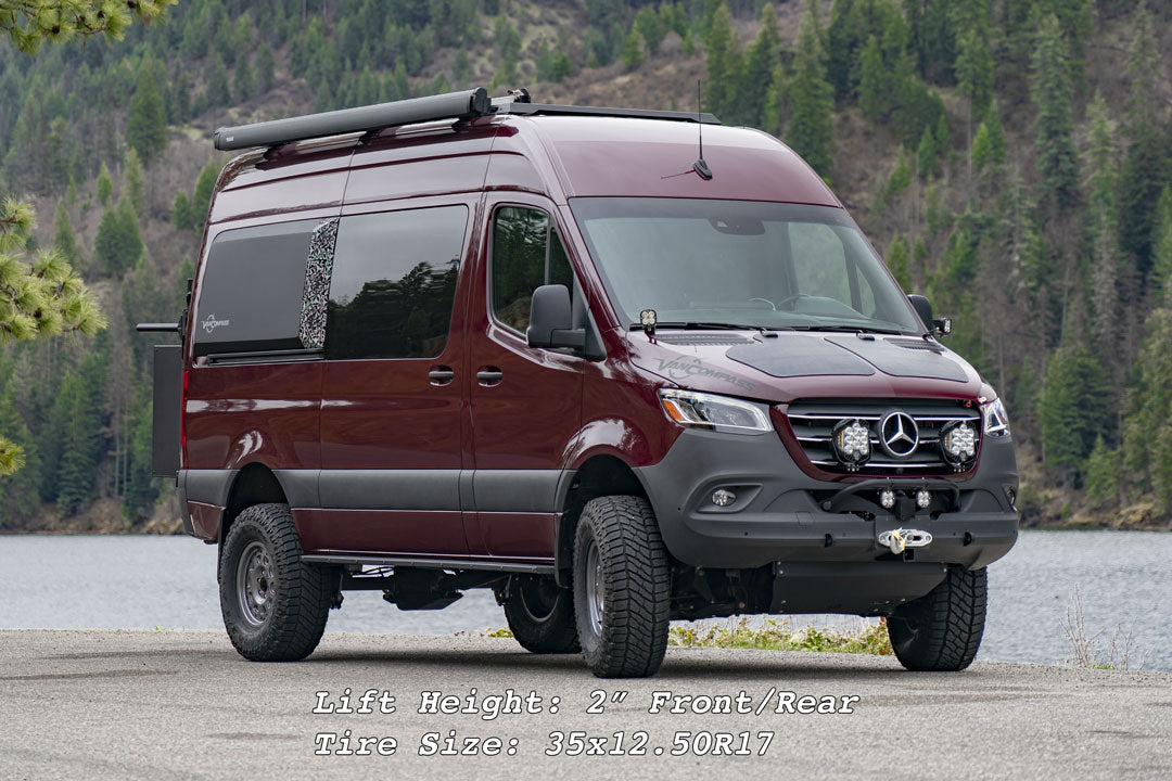 STRIKER 4X4 2 Lift Kit for Sprinter 4x4 (2015-2022 2500 Single Rear Wheel), shown with van on road highlighting tire and suspension components.