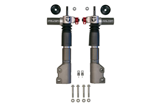 FALCON 3.3 Fast Adjust Inverted Rally Strut for Sprinter 4x4 and AWD, 2015-Present by Van Compass; includes black and silver shock absorbers, nuts, bolts.