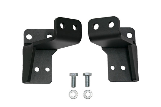Front jounce reinforcement bracket for Sprinter AWD, 2023-present, with a pair of black metal brackets, screws, and bolts for enhanced suspension durability.