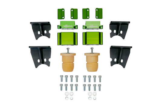 High performance rear bump stop system for Sprinter AWD, 4x4 (2015+ 2500) by Van Compass, featuring metal parts, screws, and hardware for adjustable suspension setup.