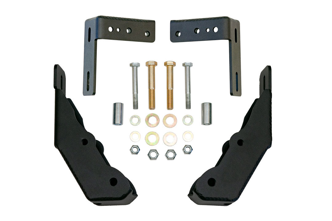 BAJA SUR Heavy Duty Rear Lower Shock Brackets for Sprinter 2500, featuring black metal brackets with screws and bolts, designed for reinforced support and durability.