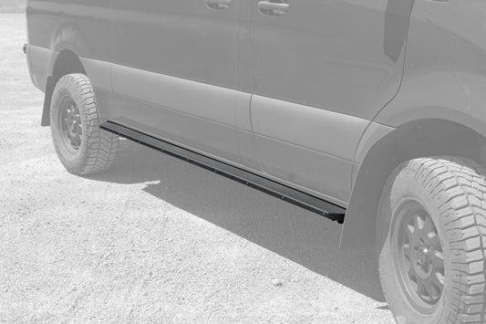 Side view of a Sprinter van fitted with Van Compass Rocker Guards, showcasing the robust 4 inch wide step for Sprinter AWD 144 wheelbase.
