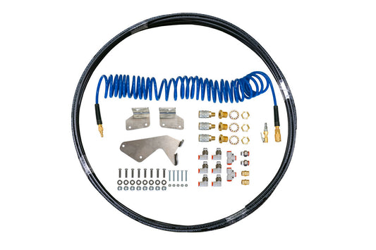 ON BOARD AIR SYSTEM AIRLINE KIT - Sprinter 2019+ by VAN COMPASS: Black tube, blue hose, screws, metal object with holes for vehicle air management.