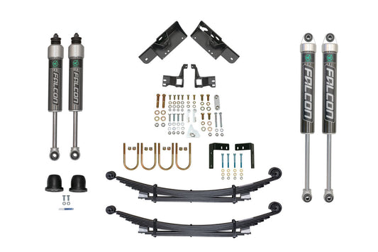 STAGE 3 OPTI-RATE DUALLY SYSTEM - SPRINTER 4X4 (2015-2018 3500) by VAN COMPASS, featuring vehicle parts like Falcon shocks, Opti-Rate springs, and black metal brackets.