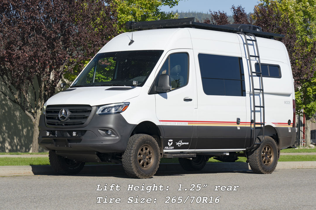 White van with a ladder on the roof, highlighting the STAGE 3 SYSTEM - SPRINTER AWD, 4X4 (2019-PRESENT 2500 ONLY) by VAN COMPASS, designed for improved handling and suspension.