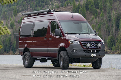 STRIKER 4X4 2 Lift Kit for Sprinter 4x4 (2015-2022 2500 Single Rear Wheel), shown with van on road highlighting tire and suspension components.