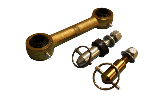 Front sway bar disconnect kit for Sprinter 4x4 (2015-2018 2500 and 3500), showing close-up of metal bolts and nuts for improved suspension articulation.