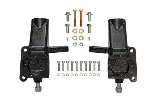 FRONT 2 LIFT SPINDLE - TRANSIT (2015-PRESENT RWD SINGLE WHEEL ONLY) by VAN COMPASS: Black metal parts with screws and bolts for lifting and stabilizing the van's front end.