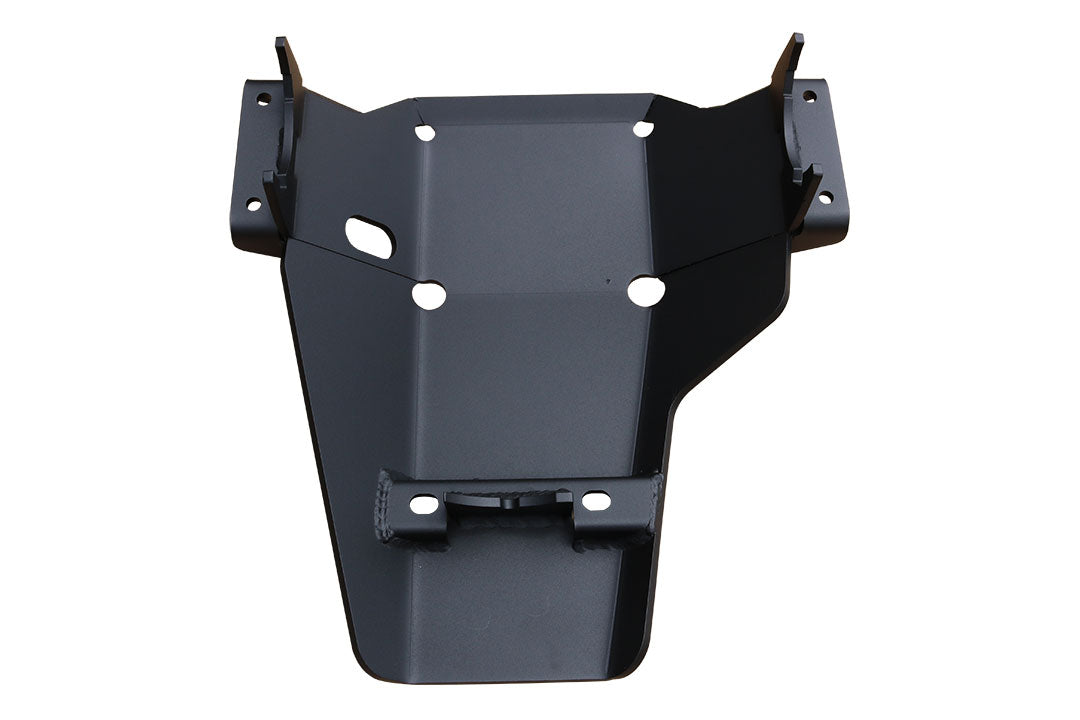 Differential Skid Plate - Sprinter (2015+ 2500 Only) by Van Compass, black metal with holes, protects rear differential and driveshaft u-joints, powder-coated for corrosion resistance.