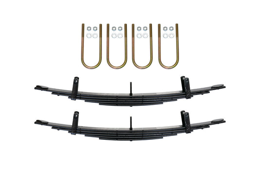 REAR 5 LEAF MINI SPRING PACK - TRANSIT (2015+ SINGLE REAR WHEEL) by VAN COMPASS with black metal springs, screws, bolts, and nuts for improved vehicle stability and ride comfort.
