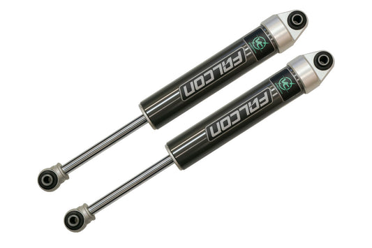 Pair of Falcon 2.1 Monotube Rear Shocks for Sprinter 2500 2WD (1994+), shown in black and silver, designed to improve ride comfort and stability.