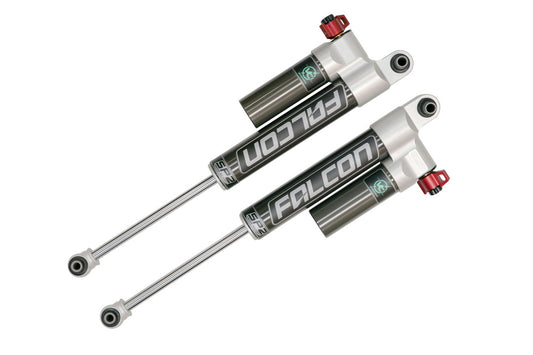 Falcon 3.3 SP2 Fast Adjust Rear Shocks for Transit (2013+) pair, showcasing adjustable knobs and robust construction, highlighting advanced damping settings for improved vehicle control.
