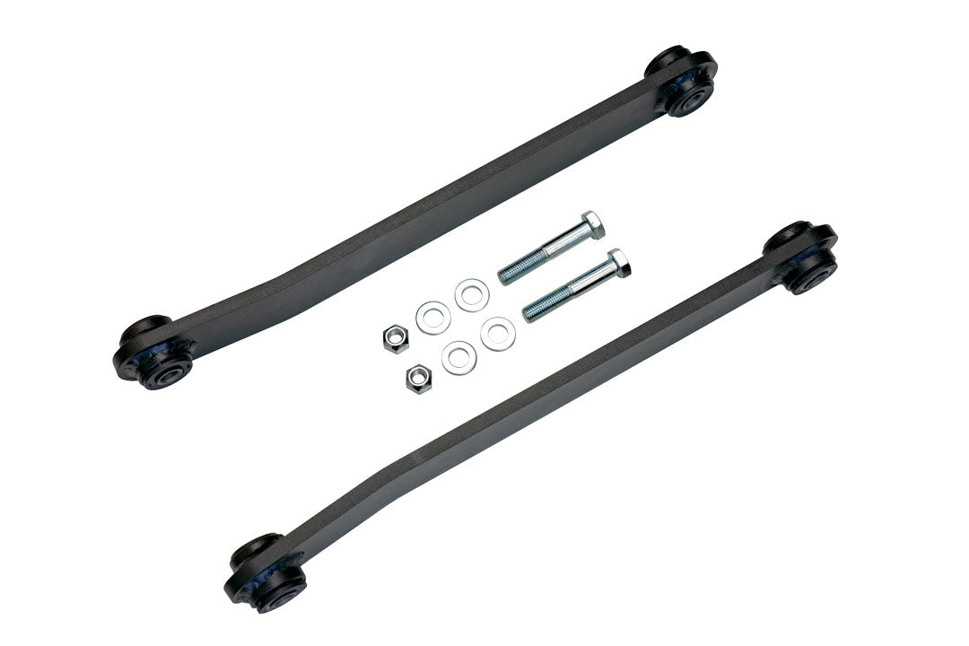 Extended rear sway bar links for Transit 2015+ by Van Compass, featuring black metal rods with bolts and nuts for maintaining sway bar geometry when lifting a van.