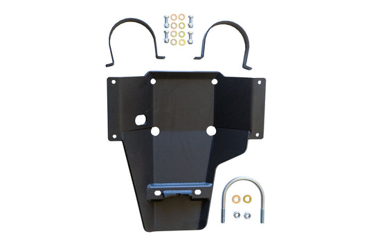 Differential skid plate for Sprinter 2015+ 3500 by Van Compass; close-up of metal bolts and nuts on a black metal bracket.