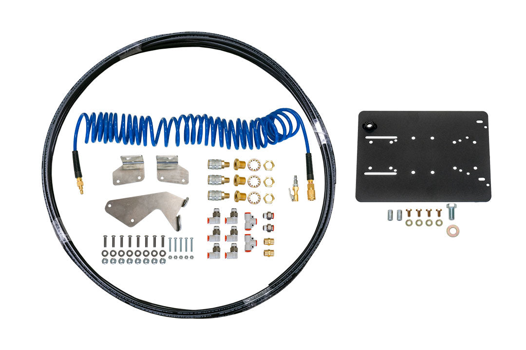 ON BOARD AIR SYSTEM AIRLINE KIT - Sprinter 2019+ by VAN COMPASS: Includes blue coiled hose, black metal tube, connectors, bolts, bracket and nuts for seamless tire inflation.