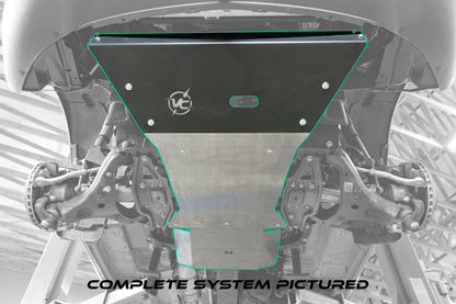 ENGINE SKID PLATE - SPRINTER AWD (2023+ 2500) by VAN COMPASS, a black powder-coated metal plate featuring a logo, designed for off-road protection and easy installation.