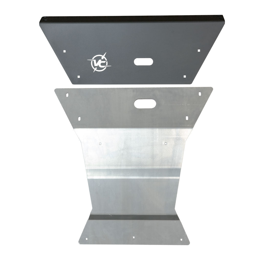 Engine Skid Plate - Sprinter AWD (2023+ 2500) by Van Compass, showing a close-up of a sturdy metal plate with mounting hardware.