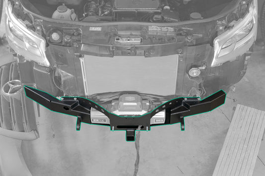 Front view of the VAN COMPASS FRONT WINCH MOUNT WITH BULL BAR for Sprinter (2019+), showcasing the integrated winch and reinforced tow points behind the factory bumper.