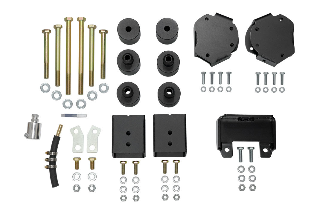 STAGE 6.3 DUALLY 2 LIFT SYSTEM - SPRINTER 4X4 (2015-18 3500) by VAN COMPASS includes various black metal parts, screws, and bolts for suspension enhancement.