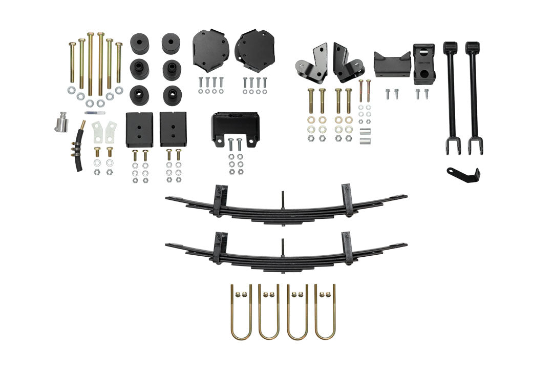 Set of components from the STRIKER 4X4 2 Lift Kit for Sprinter 4x4, including machined and welded spacers, cable, nuts, and control arms.