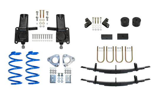 Complete 4 Lift Kit for Transit RWD by Van Compass, showcasing metal springs, nuts, bolts, and precision-cut parts for enhanced vehicle clearance and stability.