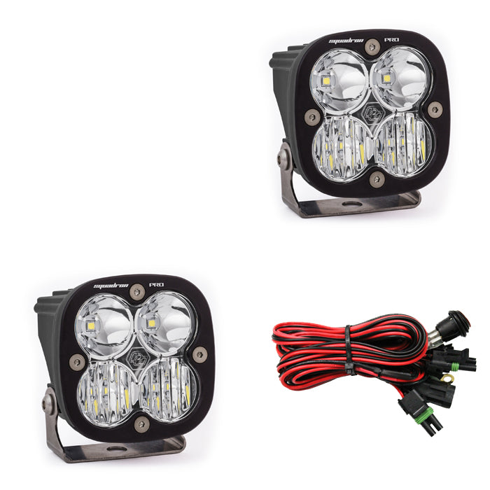 Baja Designs Squadron Pro, Pair Driving/Combo LED, showcasing compact, sleek black gloss aluminum housing with visible Cree LEDs and wires, ideal for high-lumen auxiliary lighting.