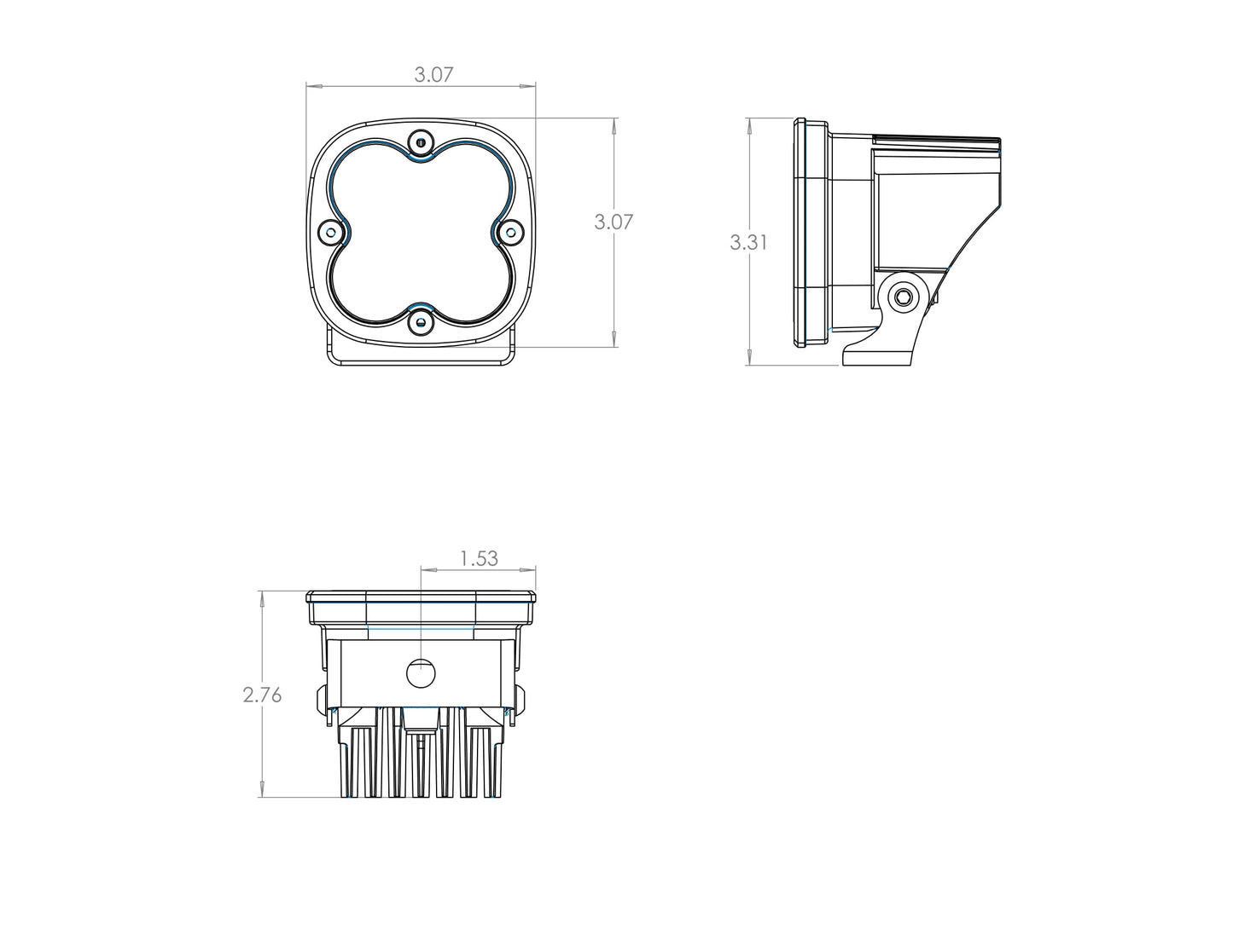 Baja Designs Squadron Pro, Pair Driving/Combo LED shown in a detailed technical drawing, highlighting its compact, sleek black gloss aluminum housing and advanced Cree LEDs.