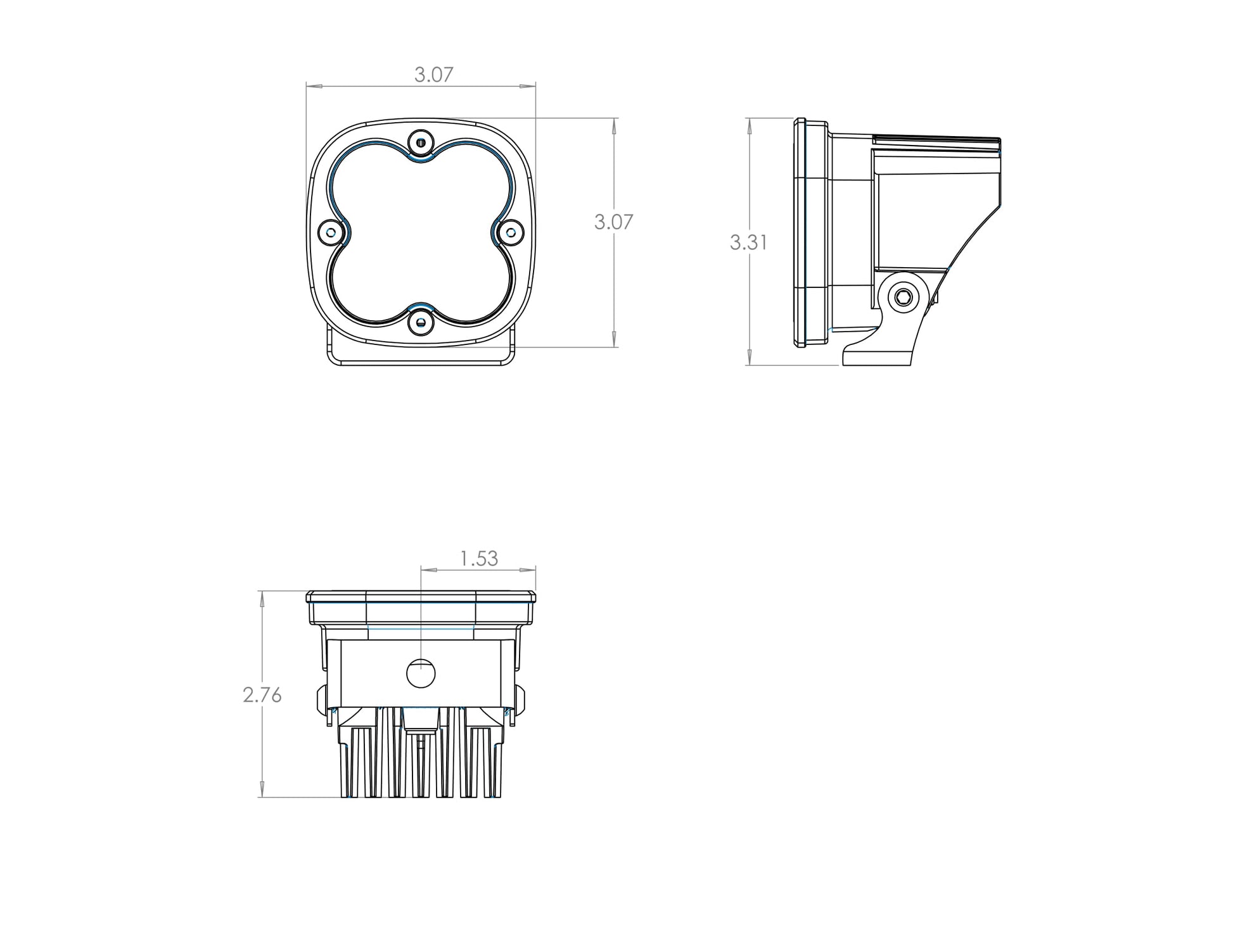 Baja Designs Squadron Pro, Pair Driving/Combo LED shown in a detailed technical drawing, highlighting its compact, sleek black gloss aluminum housing and advanced Cree LEDs.