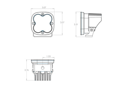 Baja Designs Squadron Pro, Pair Driving/Combo LED shown in a detailed technical drawing, highlighting its compact, sleek black gloss aluminum housing and advanced Cree LEDs.