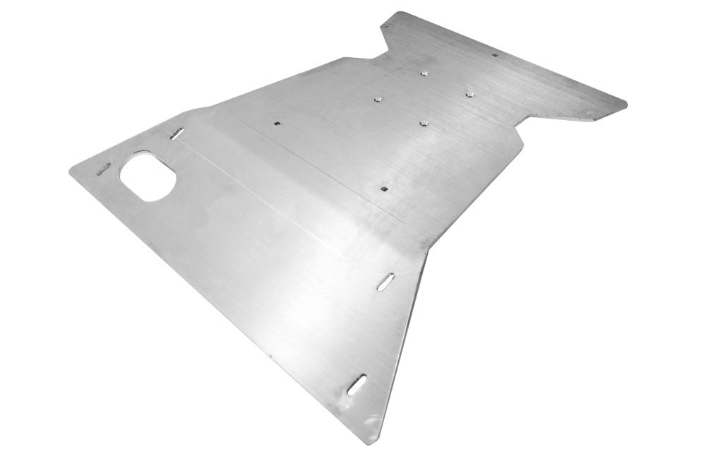 Van Compass Engine Skid Plate for 2015-2022 Sprinter 4x4; a durable metal plate with holes, designed to protect drivetrain components during off-road use.