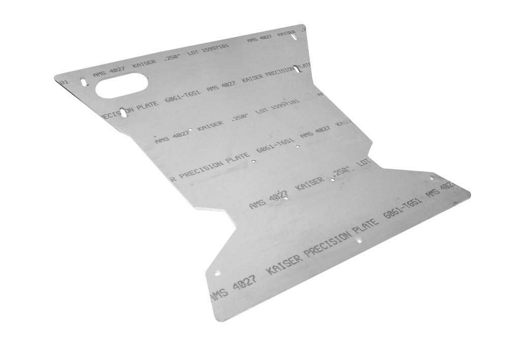 Close-up of the Van Compass 4x4 Sprinter Engine Skid Plate, highlighting its robust 1/4 aluminum and 3/16 steel construction for drivetrain protection.