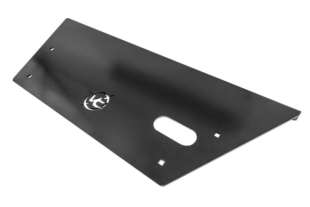 ENGINE SKID PLATE - SPRINTER 4X4 (2015-2022 2500 OR 3500) by VAN COMPASS, black metal plate with logo, designed for off-road protection and durability.