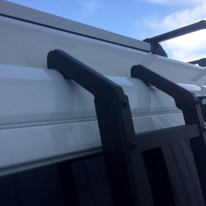 Side Ladder - Sprinter (2007-Current, Low Roof Only) by Van Compass attached to a van's roof, showcasing its lightweight, low-profile design and high clearance fit.