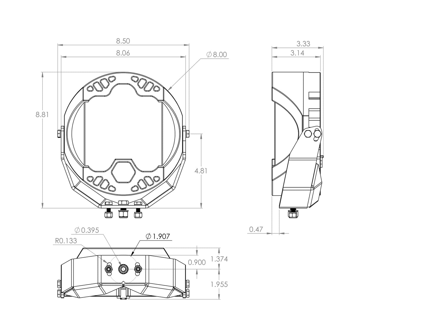 Baja Designs LP9 Pro, Driving/Combo LED light sketch showing circular design with multiple LEDs, advanced cooling, and integrated peripheral technology for wide light spread.