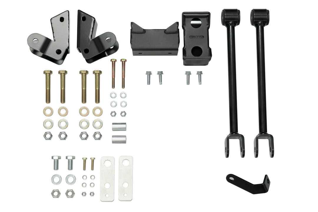 STAGE 6.3 SYSTEM, 2 LIFT - SPRINTER 4X4 (2015-2018 2500 ONLY) by VAN COMPASS includes metal parts, screws, black metal rods, and adjustable shocks for enhanced van performance.