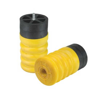 SUMO SPRING REAR BUMP STOPS, 2800LB - RAM PROMASTER, PAIR, close-up showing yellow and black plastic cylinders designed to replace factory rear bump stops for enhanced suspension performance.