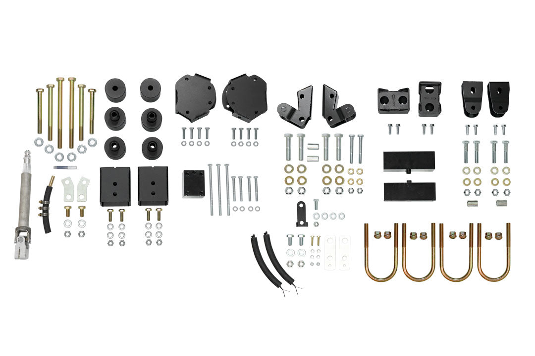 Striker 2 lift kit components, including black metal parts, screws, and bolts, designed for 2019-2022 Sprinter 2WD by Van Compass.