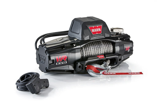 WARN VR EVO 12S - 12,000LB WINCH, featuring a black and silver design with synthetic rope, control pack, and waterproof construction, ideal for heavy-duty van use.