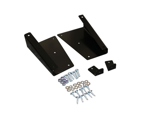BIG TIRE MUDFLAP RELOCATION KIT - SPRINTER (2019+) by VAN COMPASS, includes a black metal bracket and hardware for fitting larger tires on Mercedes Sprinter vans.