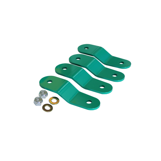 REAR 1/2 LIFT SHACKLE - TRANSIT (2015+ SINGLE REAR WHEEL) by VAN COMPASS, showing green metal parts and nuts for rear height increase and corrosion resistance.