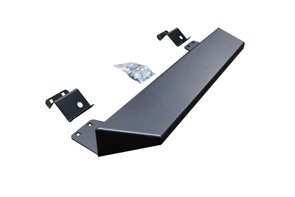 Rear Hitch Step for Sprinter vans by Van Compass, showing black metal construction with screws and holes, designed for mounting onto the factory receiver hitch.