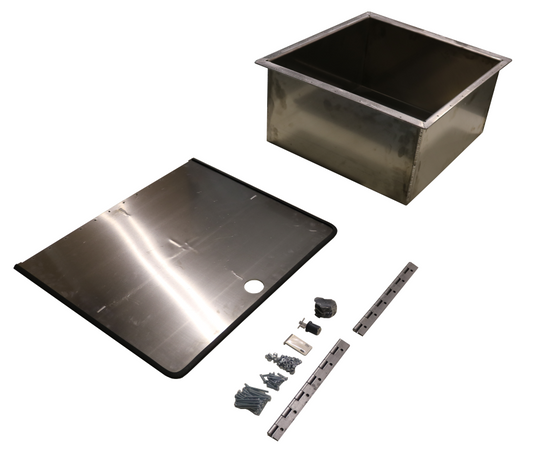 Rear Storage Trunk - Sprinter (2007+) by Van Compass: A metal box with a lid, screws, and a drainage hole, designed for rear storage in Sprinter vans.