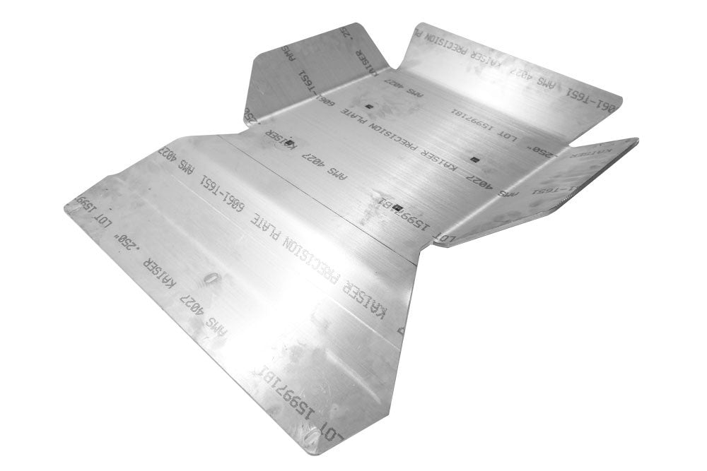 Close-up of the Van Compass Transmission/Transfer Case skid plate made of 1/4 thick 6061-T6 Aluminum for Sprinter 4x4 (2015-2022).