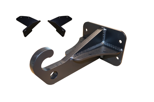 FRONT TOW POINT - TRANSIT (2013+) by VAN COMPASS: A black metal bracket with holes designed for Ford Transit front tow, includes mounting hardware and aluminum cover plate.